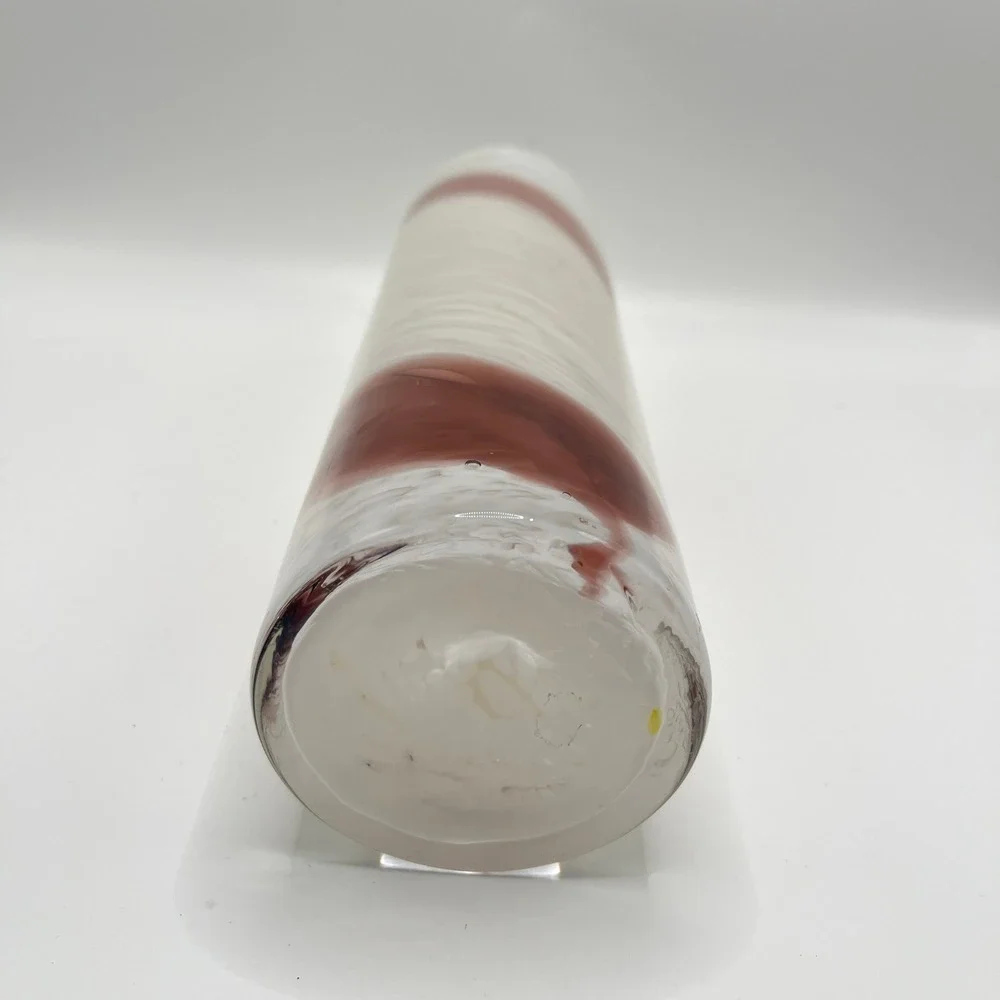 Hand Blown Murano Style Glass Cylinder Vase White Burgundy Swirl 12 Inch